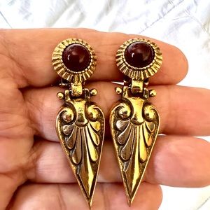 Vintage Bohemian Retro Door Knocker Clip Earrings Brass Tone Red Cabochon